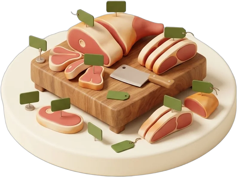 Ilustración de una tabla de carnicero con cuchilla y cortes de carne ordenados